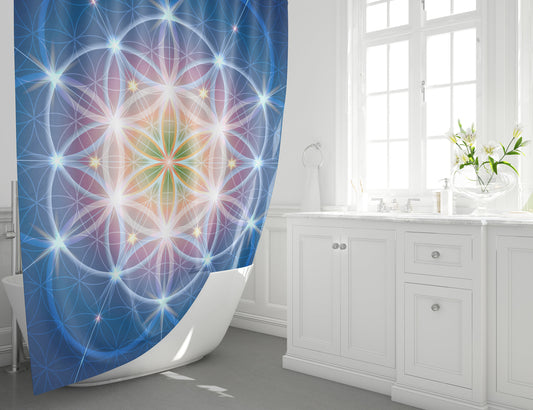 Blue Sacred Geometry Shower Curtain bath mat spiritual shower curtain yoga shower curtains flower of life rug yellow shower curtains