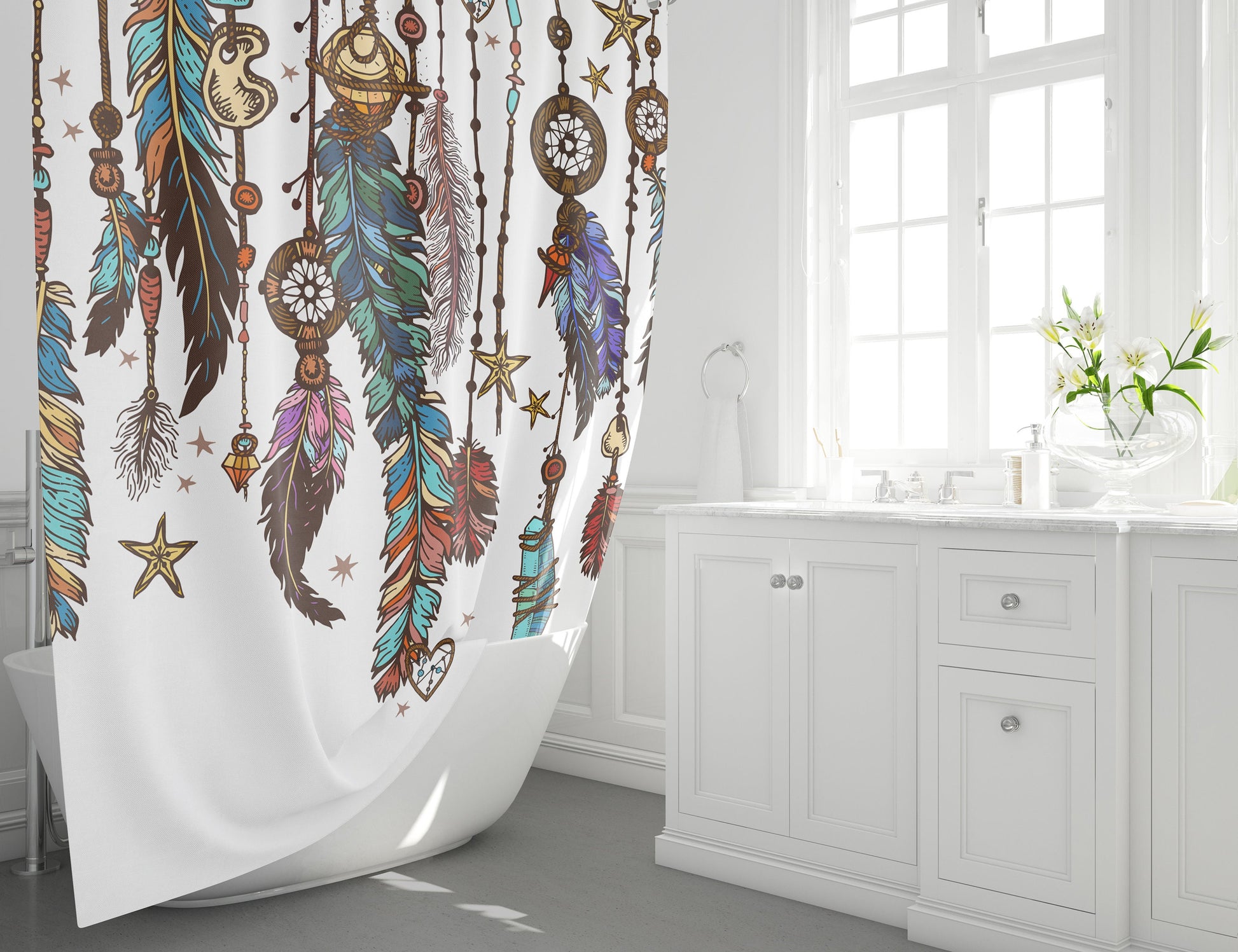 Feathers Dream Catcher Shower Curtain or bath mat feather shower curtains feathers spiritual shower curtains spiritual bath decor white