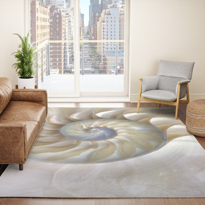 Nautilus Shell Rug Beige Rug Ocean Rug Beachy Floor Rug fibonacci Mat ocean rug shell Rugs 2x3 3x5 4x6 5x7 8x10 Large rugs ocean decor