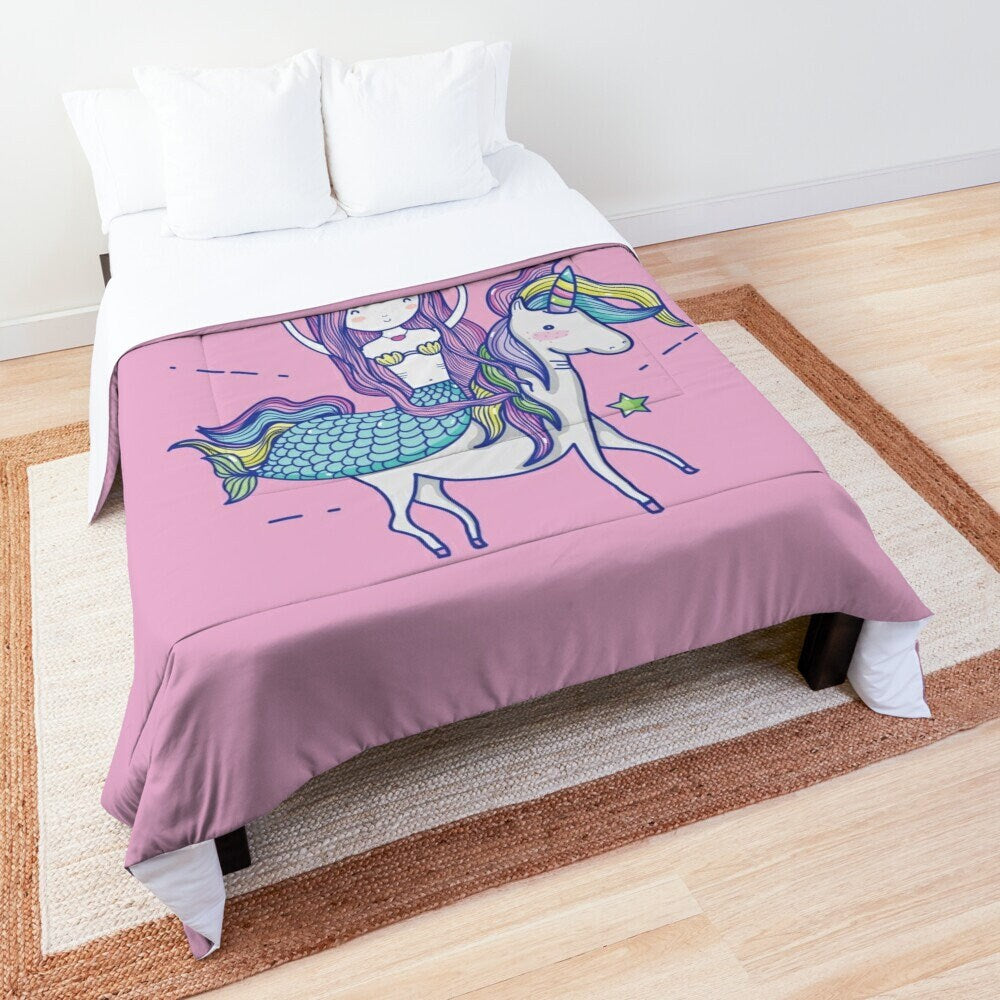 Pink Mermaid riding Unicorn Comforter or Duvet Cover girls bedding pink bedding unicorns comforter girly duvet kids comforter unicorn decor