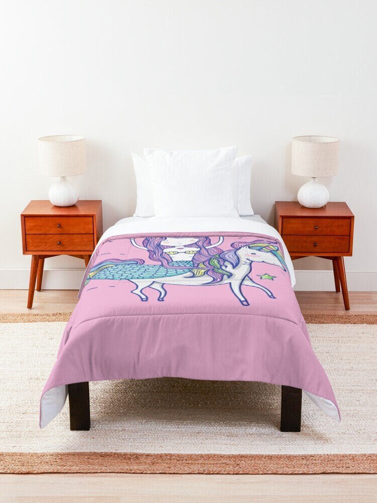 Pink Mermaid riding Unicorn Comforter or Duvet Cover girls bedding pink bedding unicorns comforter girly duvet kids comforter unicorn decor