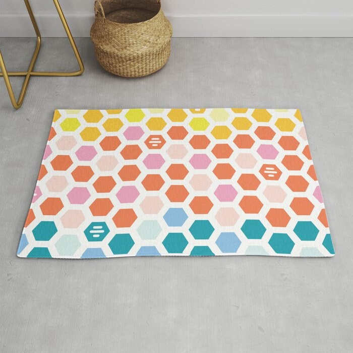 Colorful Hexagons Rug Rug 3'x5' 4'x6' 5'x7' 8x10' 9x12' Large orange pink yellow blue area rug