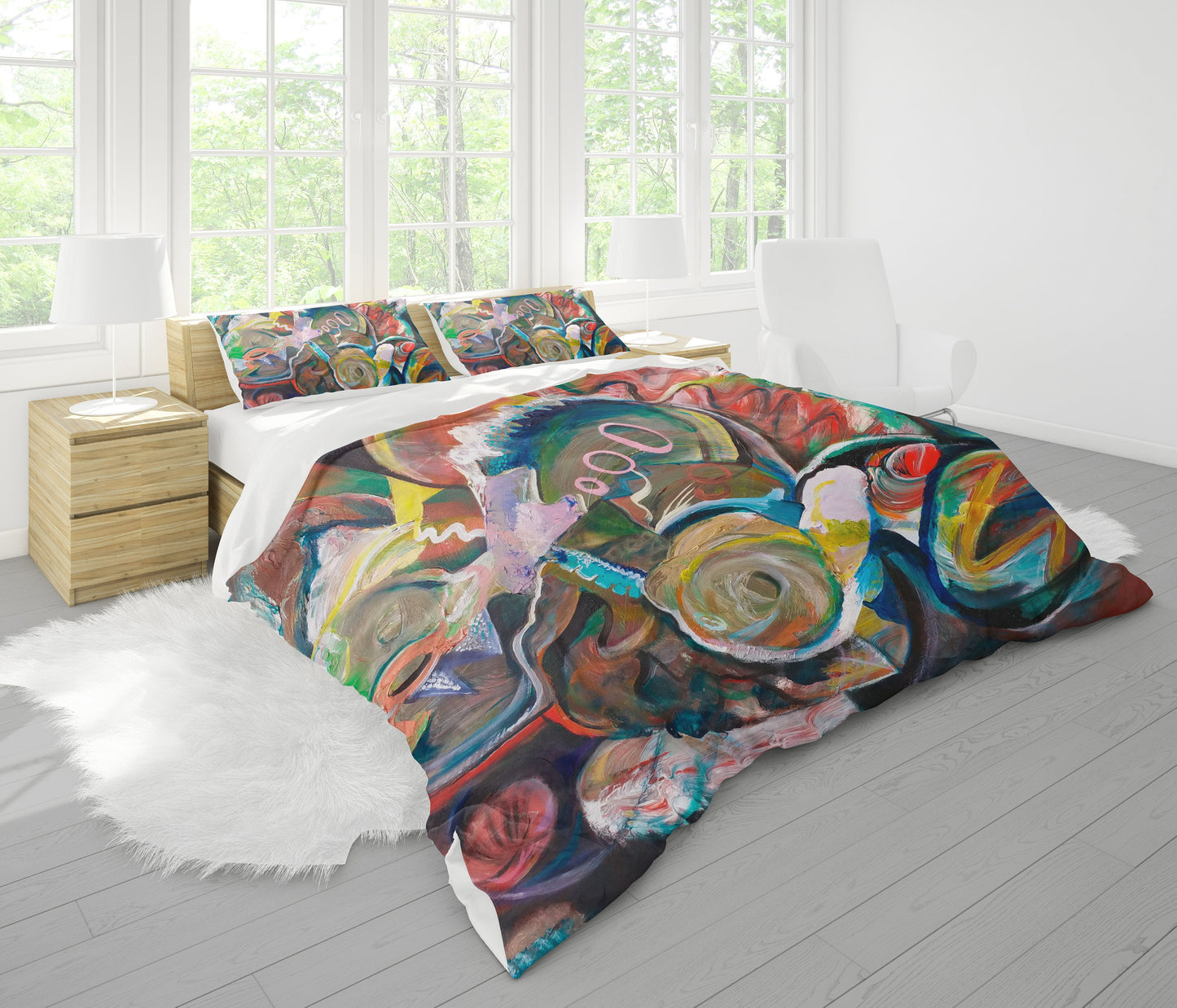 Abstract Art Duvet Cover or Comforter Artsy Colorful bedding Twin Queen King bed sets Unique gift red orange blue yellow artwork colorful