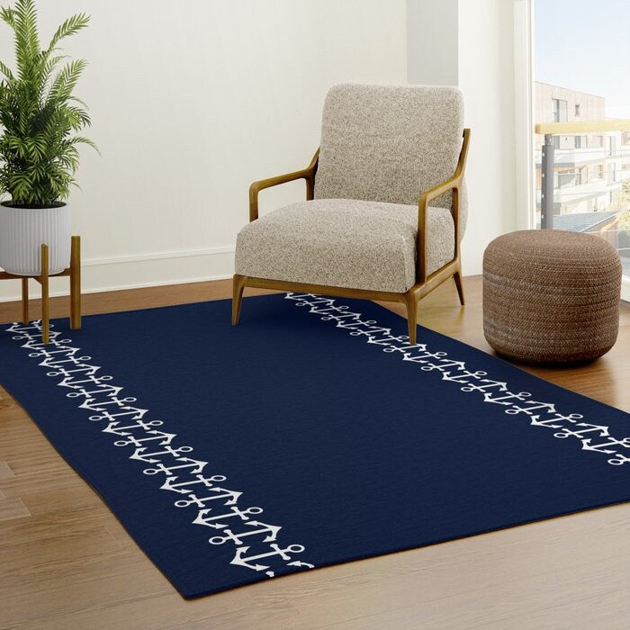 Anchor Rug Navy & White Rug nautical Rug boaters Floor Rug beach decor Rugs 3x5 4x6 5x8 Large beachy rugs blue rug tropical ocean decor