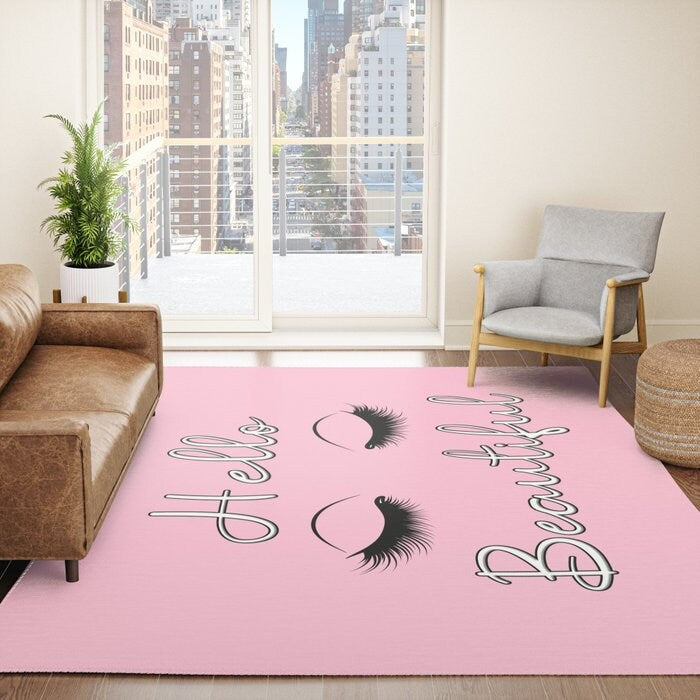 Hello Beautiful Floor Rug pink eyelash glamour rug 3x5 4x6 5x7 5x8 8x10 Large rugs girly rugs hello gorgeous