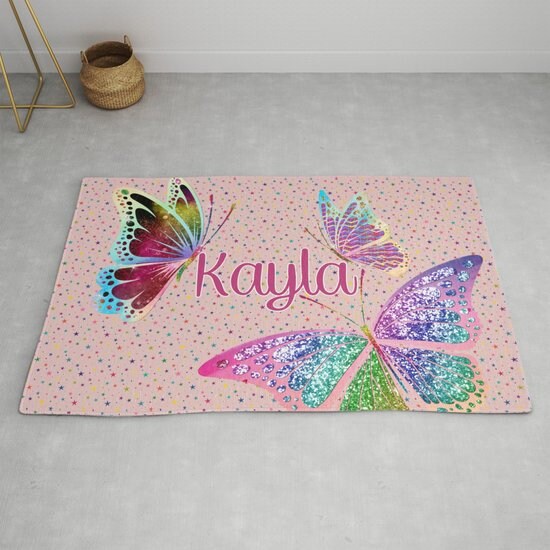 Custom Name Butterfly Rug personalised rug colorful nursery rug kids name personalized butterflies customized rugs nursery rug pink stars