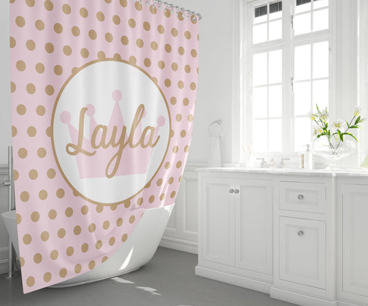 Pink & Gold Polka Dot Shower Curtain custom Name bath princess personalised girls bathmat custom gift