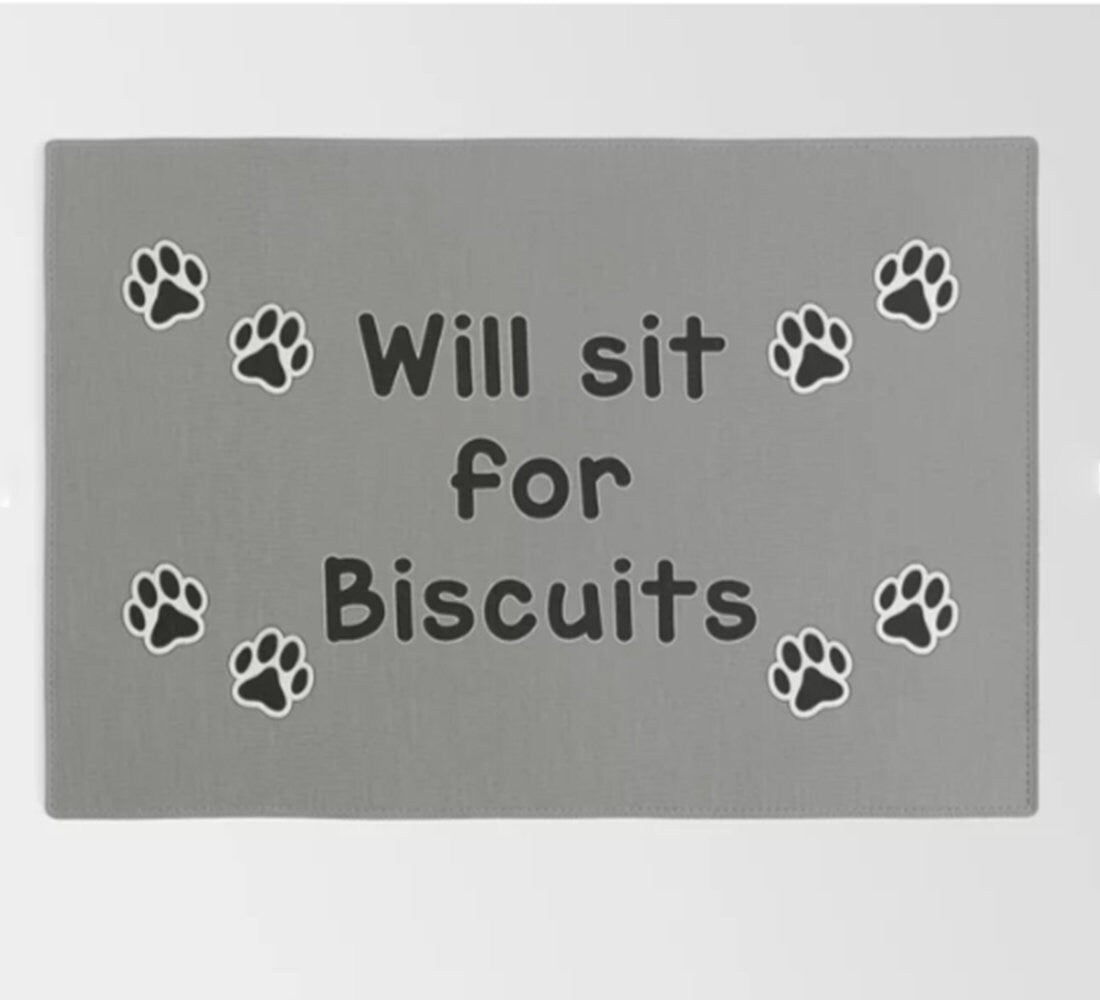 Will Sit For Biscuits Rug Dog Rug Paw prints food mat