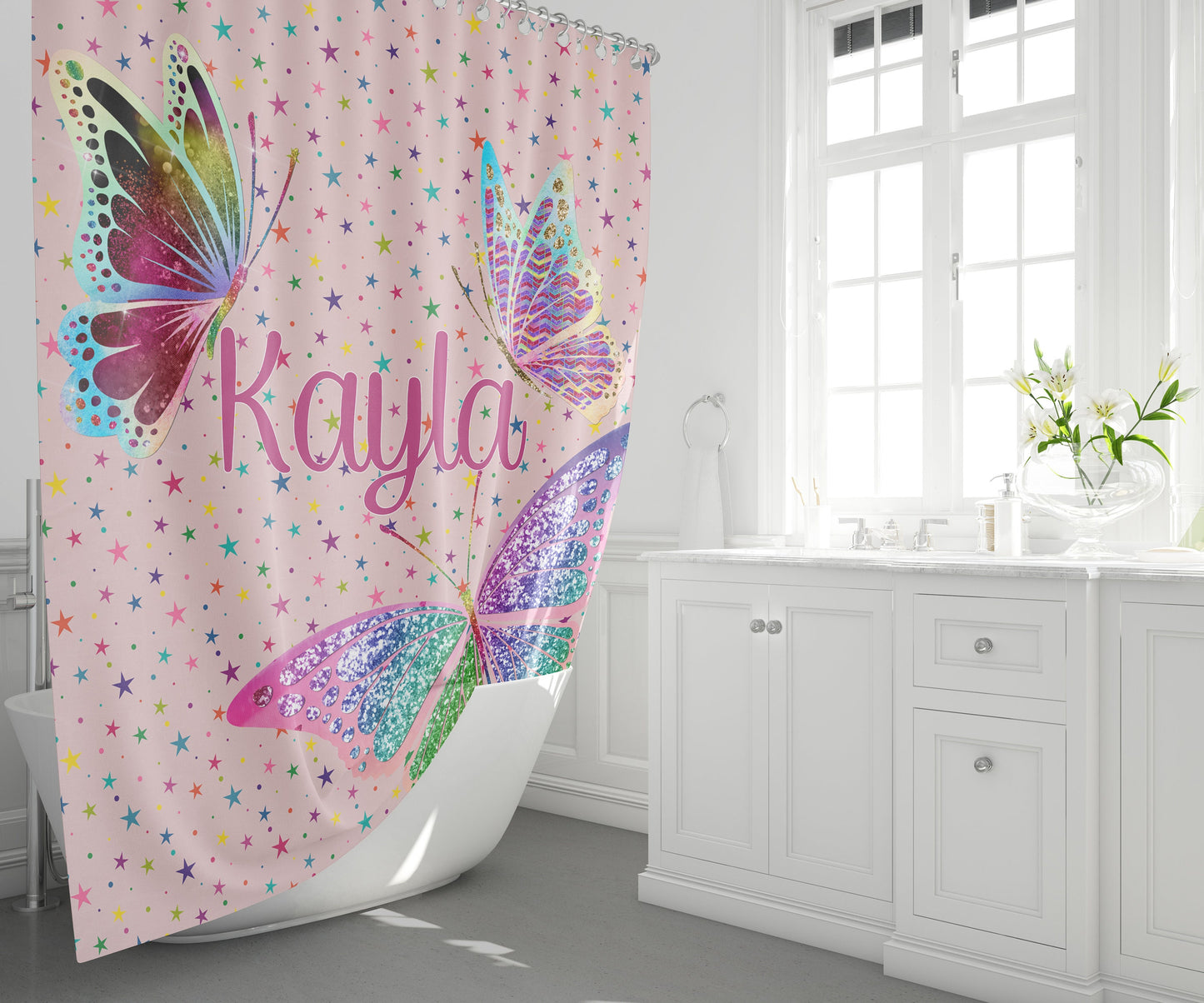 Custom Name Butterfly Shower Curtain & or Bath Mat personalized butterflies customized bath pink stars