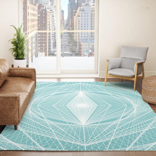 Blue & White Fractal Rug sacred geometry linear tachyon crystal grid white light pyramid