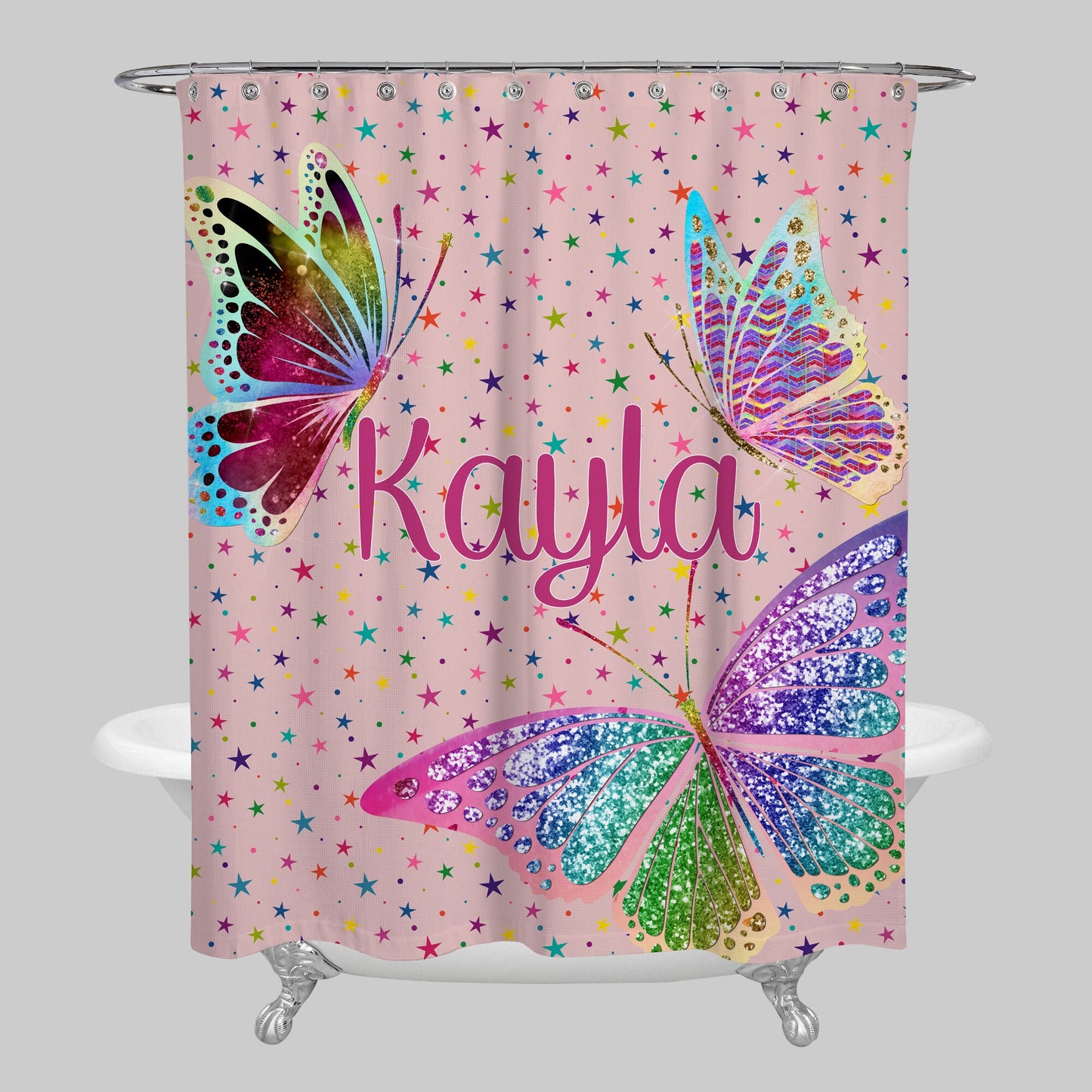 Custom Name Butterfly Shower Curtain & or Bath Mat personalized butterflies customized bath pink stars