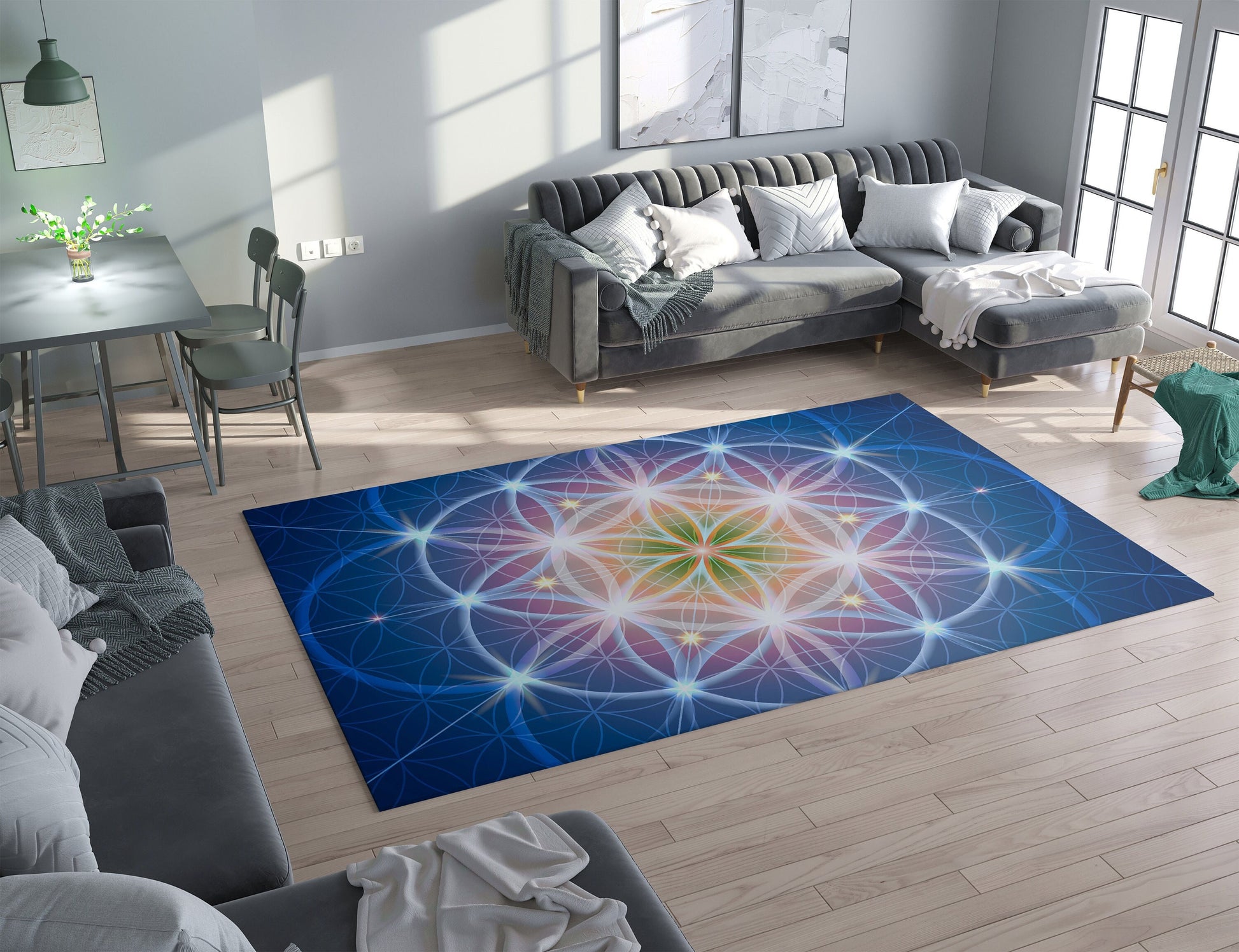 Blue Sacred Geometry Rug Purple Rug crystal grid spiritual Rug flower of life Floor Rug Mat 3x5 4x6 8x10 Large rugs