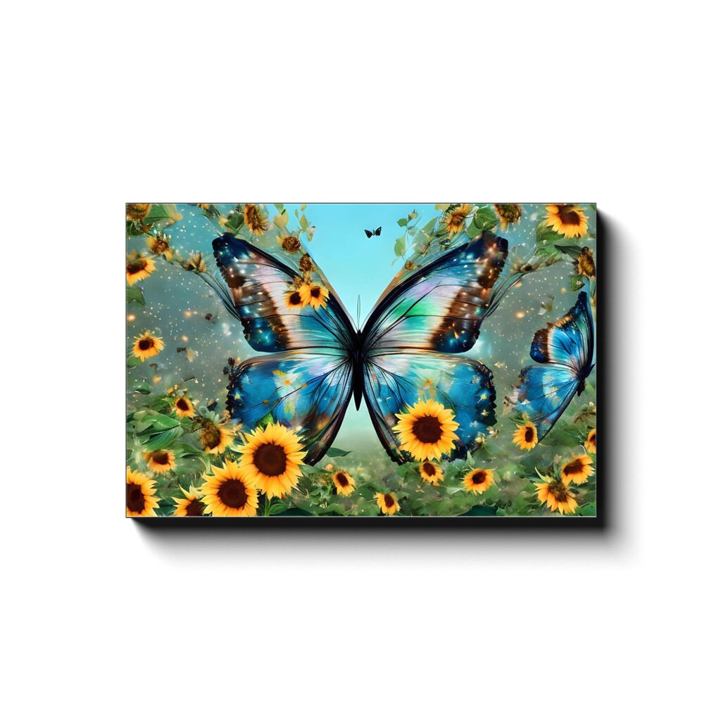 Butterfly Sunflower Canvas art blue butterflies yellow sunflowers artwork sunflower art butterfly art