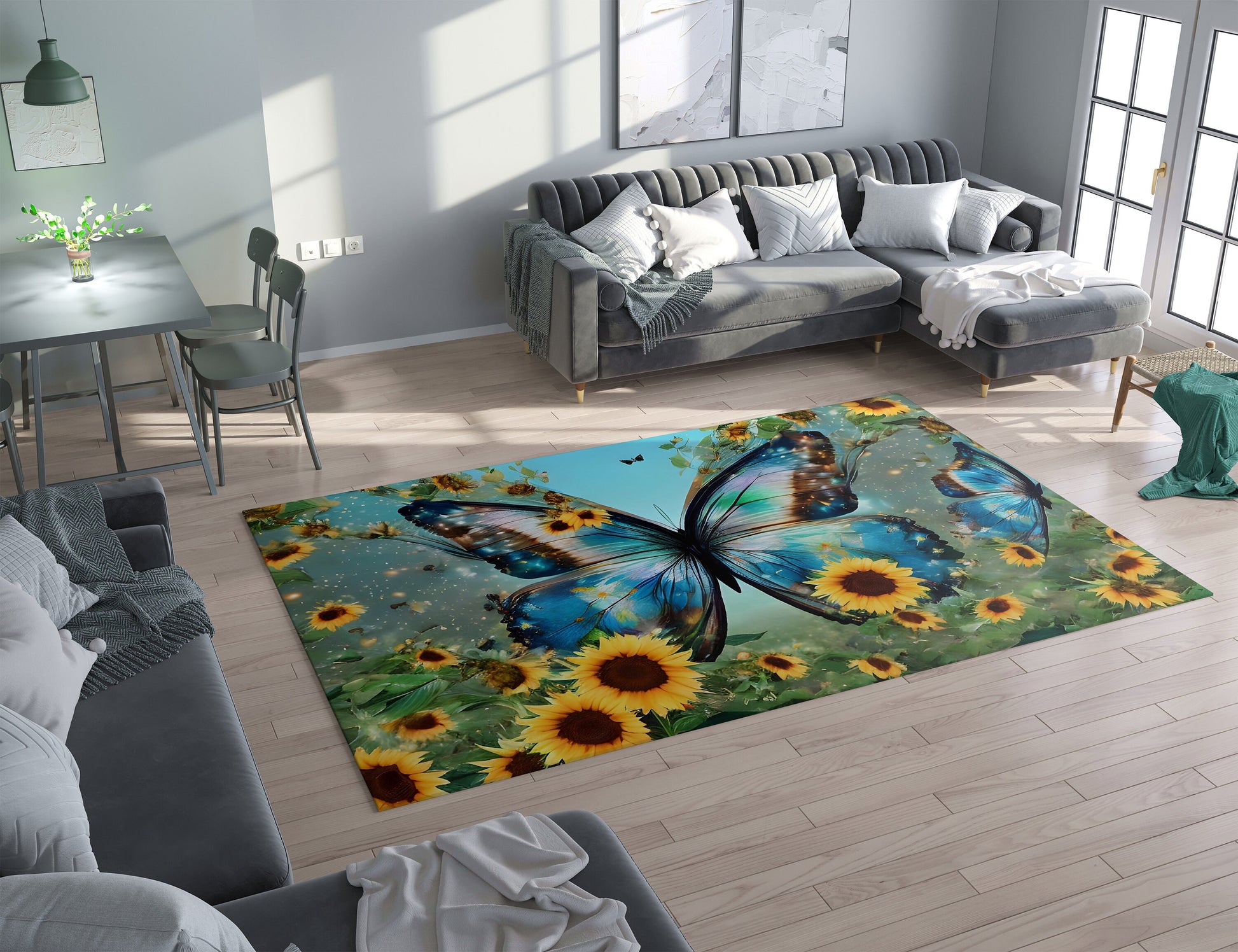 Butterfly Rug sunflowers Rug Blue Rug butterflies Floor Rugs 3'x5' 4'x6' 5'x7' Large rugs blue yellow