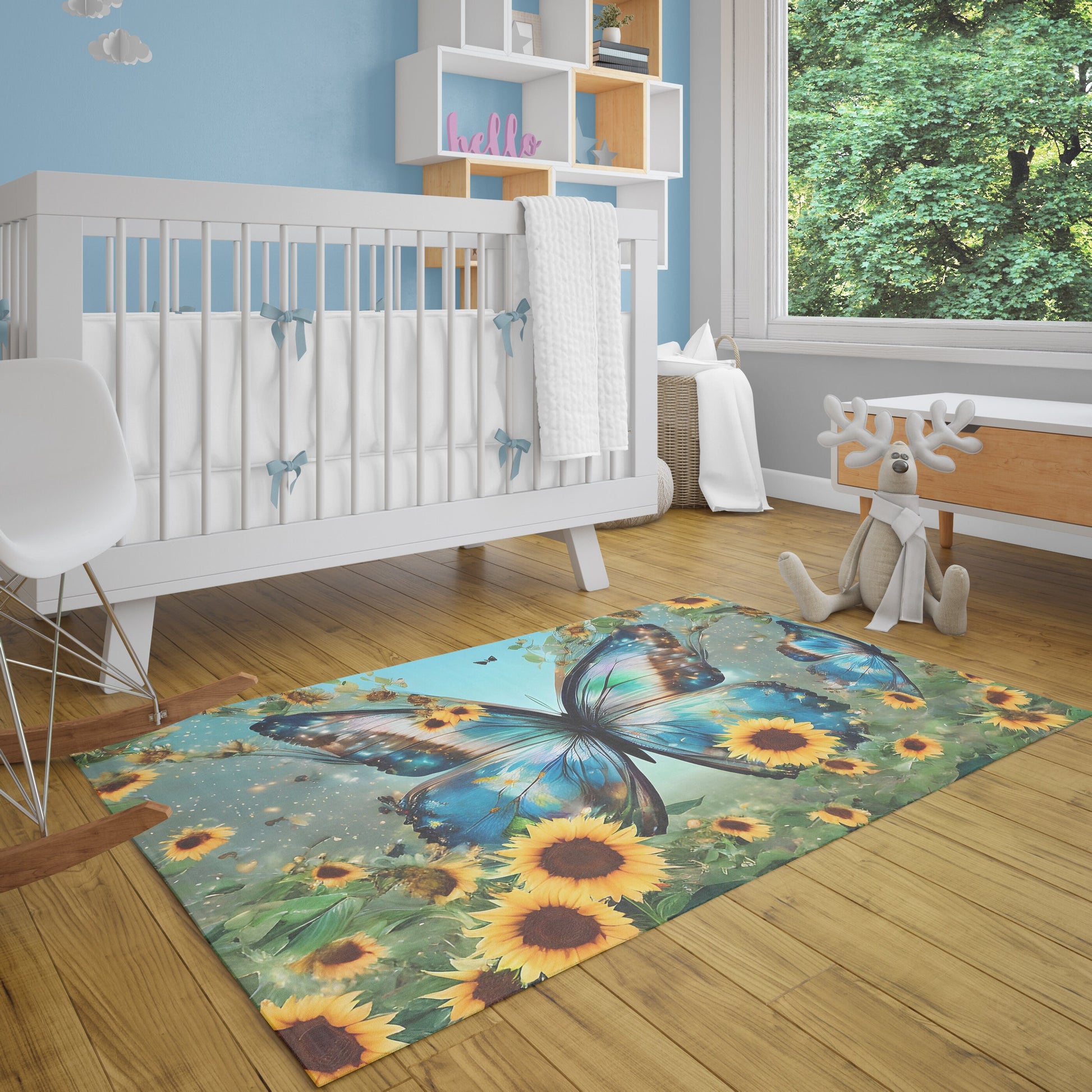 Butterfly Rug sunflowers Rug Blue Rug butterflies Floor Rugs 3'x5' 4'x6' 5'x7' Large rugs blue yellow