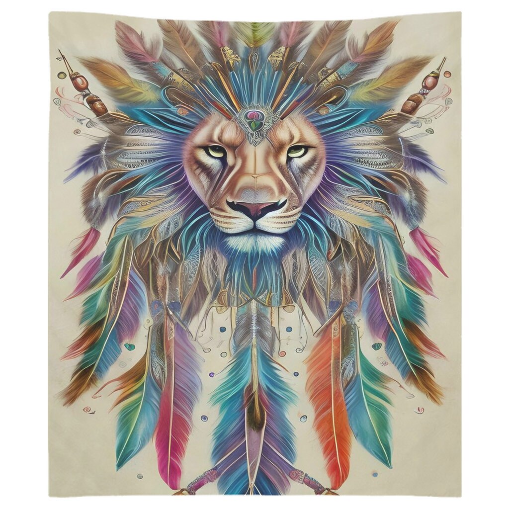 Lion with Feathers Tapestry lions Tapestry lion Art Boho Artwork beige feather tribal