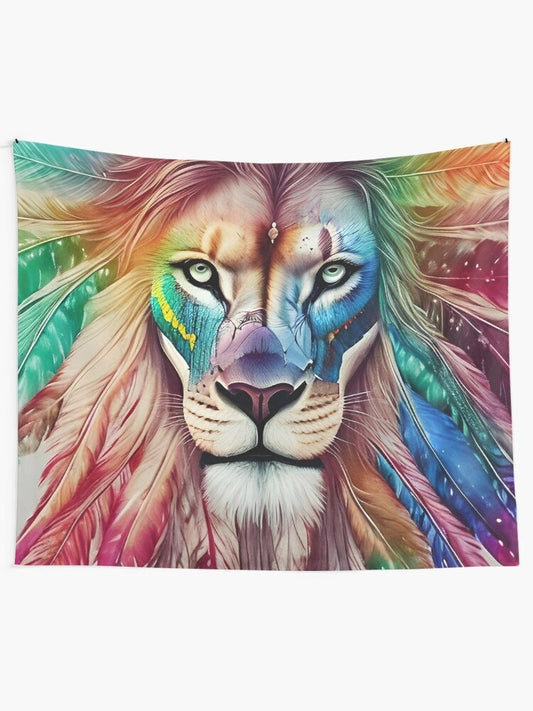 Lion Tapestry Lion with Feathers Wall Hanging lions Tapestries spirit animals Tapestry lion artwork