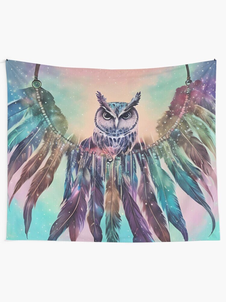 Owl with Feathers Tapestry owls Wall Hanging owl artwork blue green