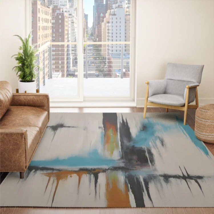 Abstract Art Rug blue gold gray beige Rug Modern art Floor Rugs 3'x5' 4'x6' 5'x7' Large rugs