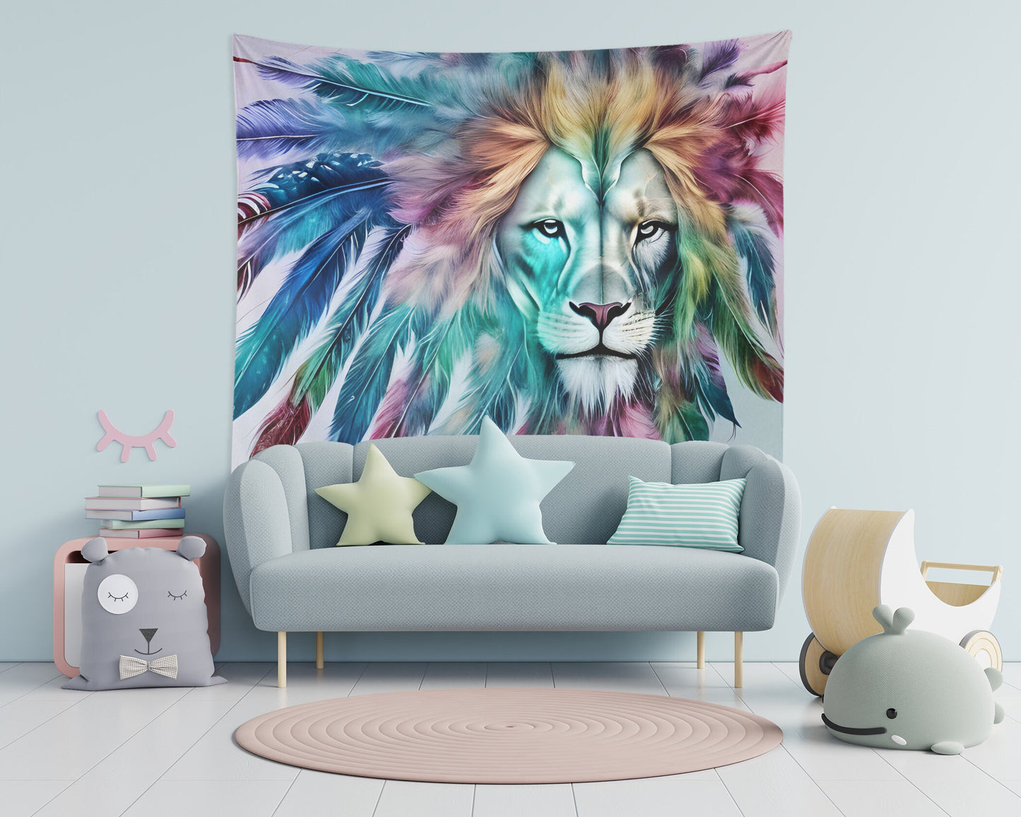 Lion with Feathers Tapestry colorful spiritual boho lions tapestries