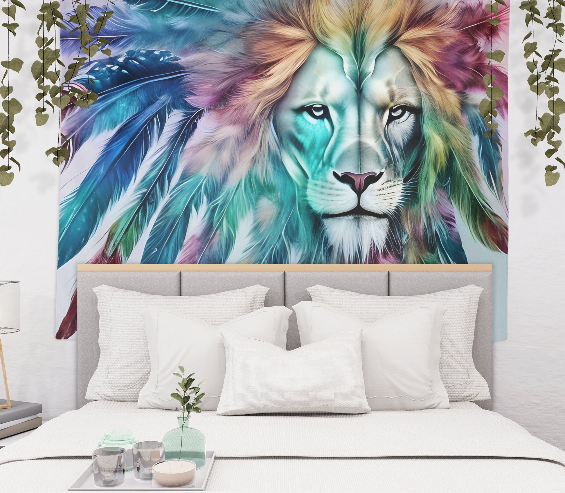 Lion with Feathers Tapestry colorful spiritual boho lions tapestries