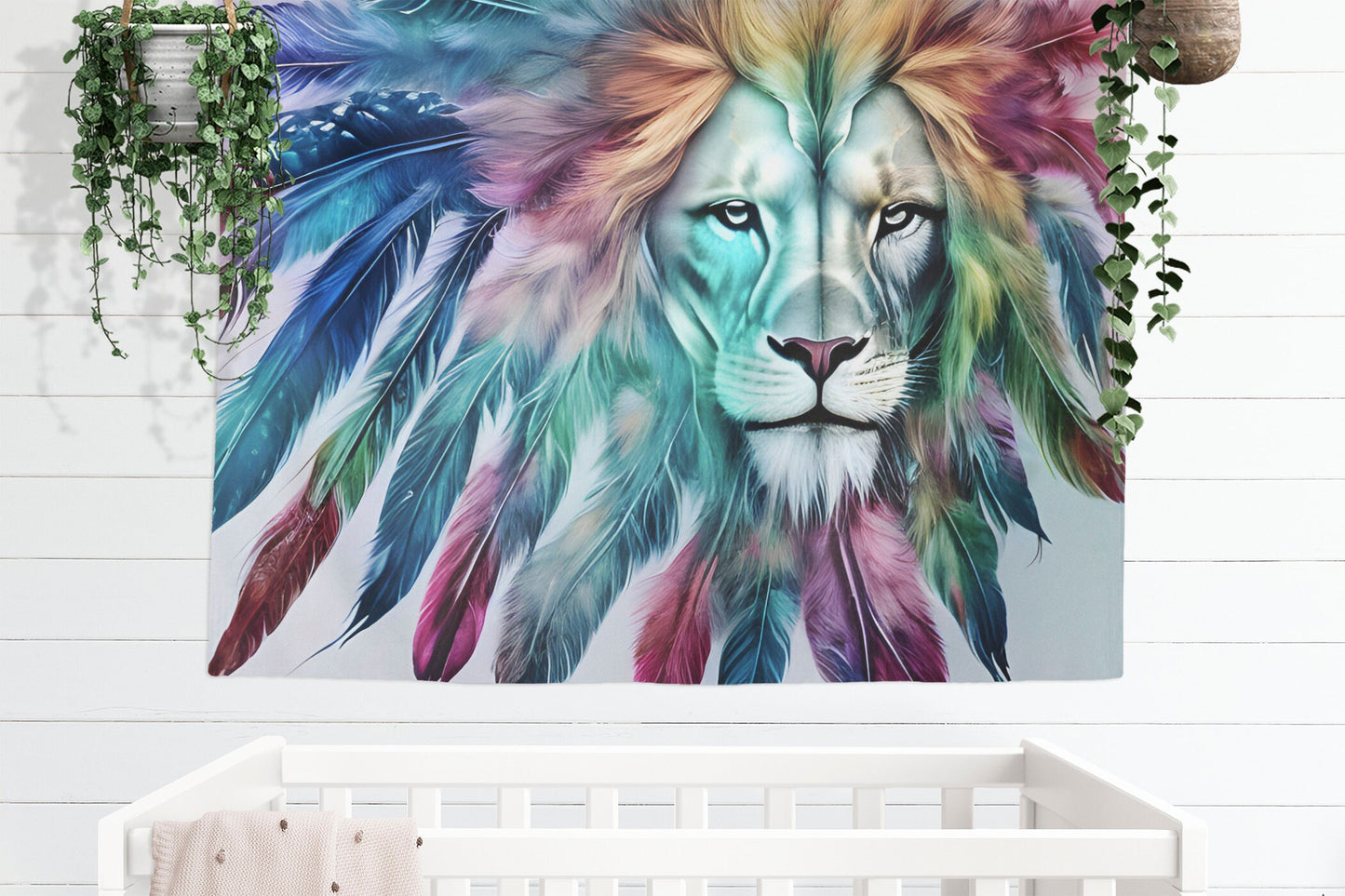 Lion with Feathers Tapestry colorful spiritual boho lions tapestries