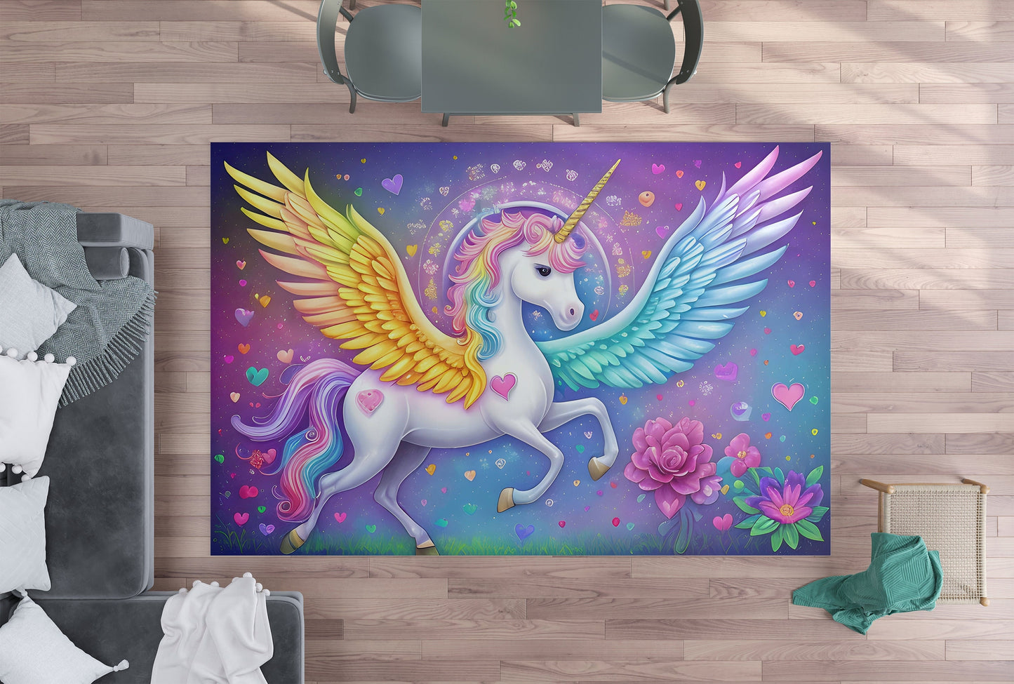 Unicorn Rug rainbow Rug colorful Rug unicorns hearts flowers Floor Rugs 3'x5' 4'x6' 5'x7' Large rugs Pink Purple