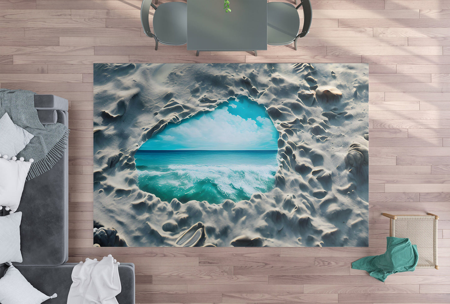 Ocean Rug Beach Rug Sand Portal Blue Rug Wormhole Floor Rugs 3'x5' 4'x6' 5'x7' Large rugs blue beige
