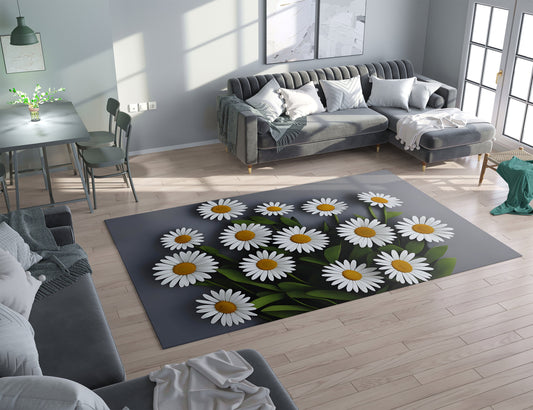 Daisy Rug Gray white Rug Daisies Floor Rugs 3'x5' 4'x6' 5'x7' 8' x 10' Large rugs
