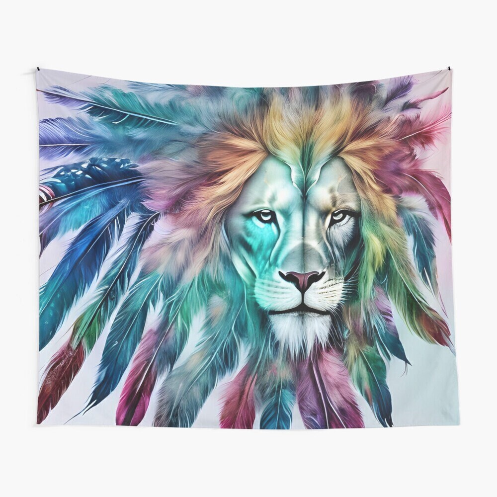 Lion with Feathers Tapestry colorful spiritual boho lions tapestries