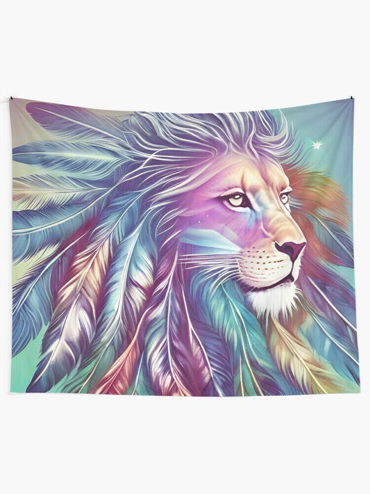 Lion with Feathers Tapestry blue lions feather wall art lion artwork Lion tapestries