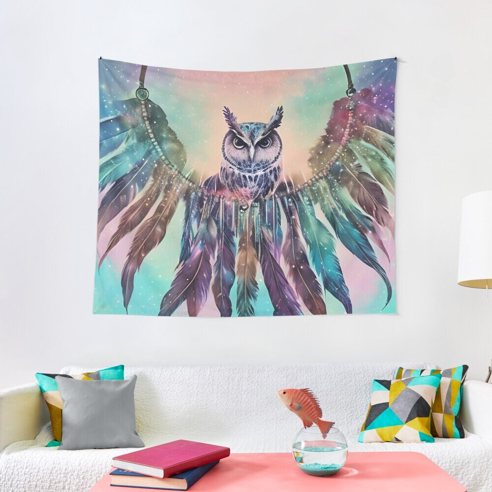 Owl with Feathers Tapestry owls Wall Hanging owl artwork blue green