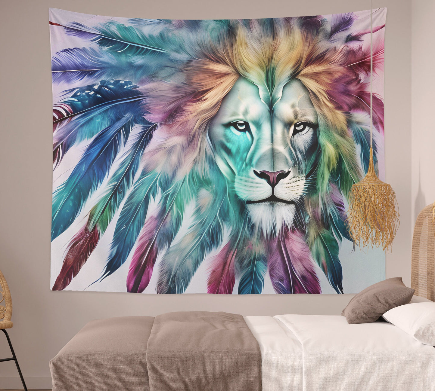 Lion with Feathers Tapestry colorful spiritual boho lions tapestries