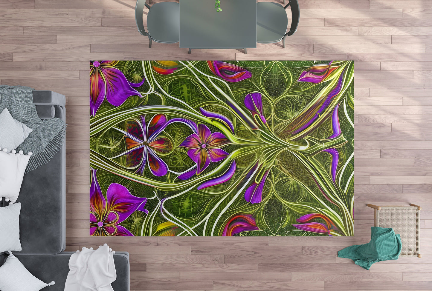 Abstract Magnolia DMT Rug green purple pink rug trippy psychedelic rugs large rug floral