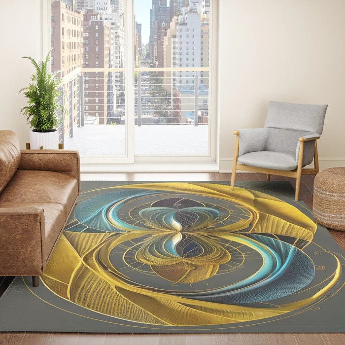 Abstract Blue Yellow Grey Rug yin yang infinity rug contemporary modern art rugs large rug