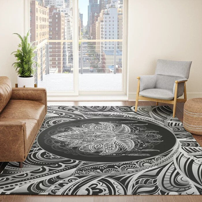 Lotus Rug black & White Rug spiritual Rug gray Floor Rug 3x5 4x6 5x7 8x10 9x12 Large rugs round trippy lotus flower rugs sacred geometry