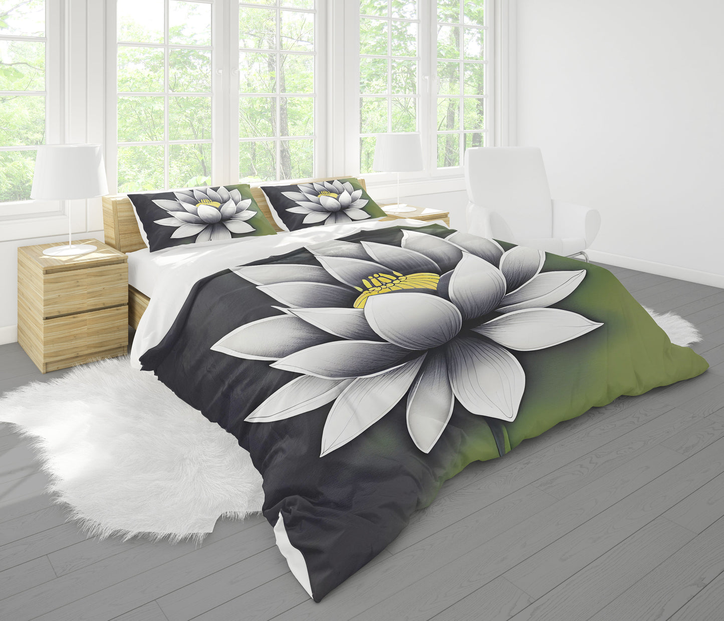 Lotus Comforter or Duvet Cover white lotus flower bedding sage green floral bedding zen comforter