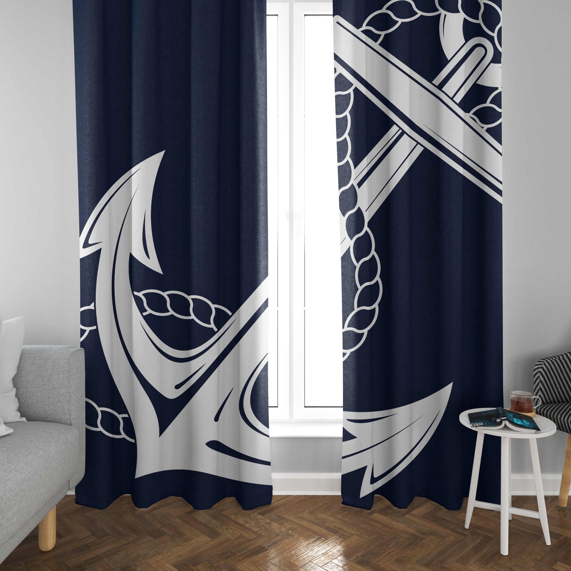 Anchor Window Curtains navy white nautical Drapery Curtain Panels anchors window treatment beach tropical decor