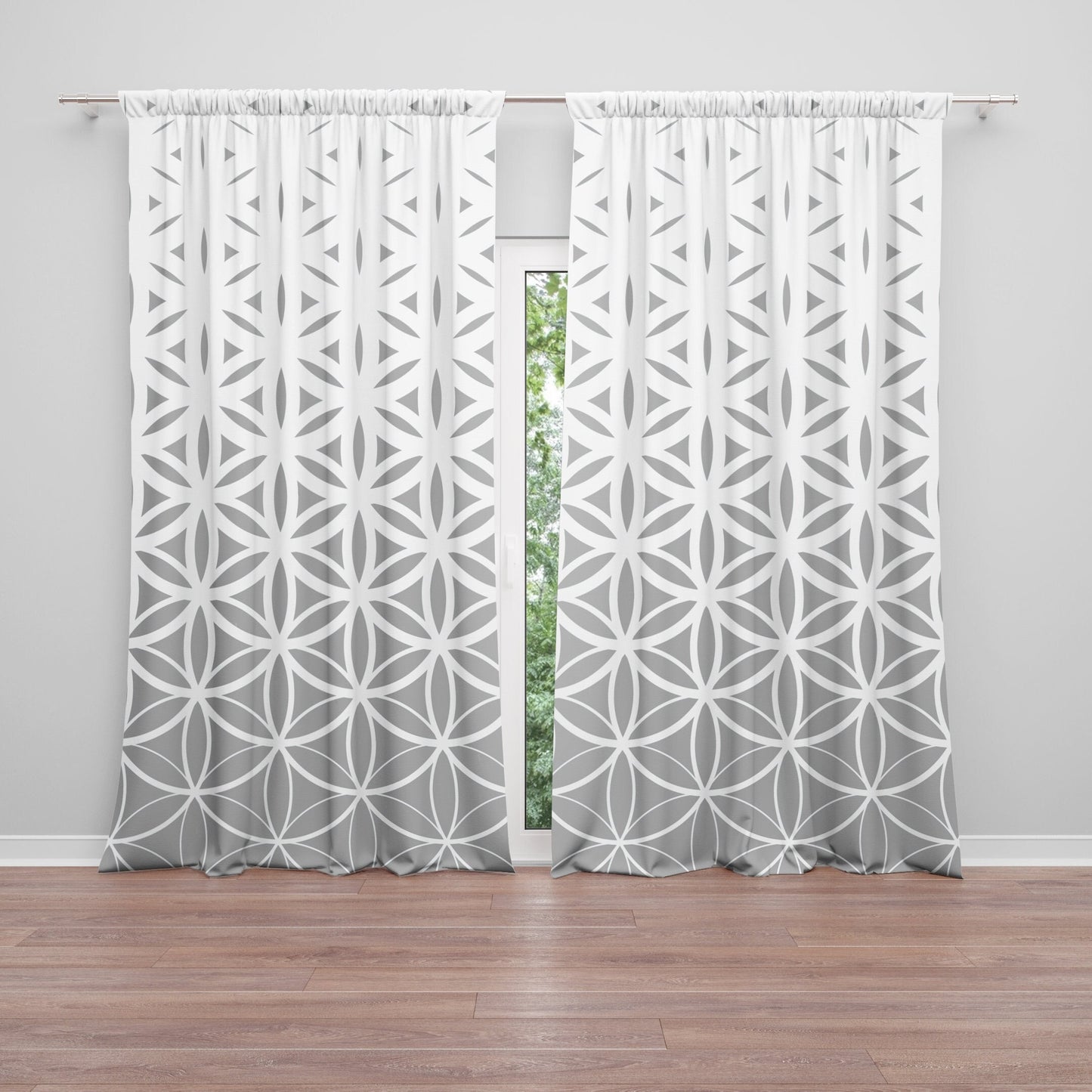 Flower of Life Window Curtain Gray white Drapery Curtain Panels grey white window treatment sacred geometry neutral