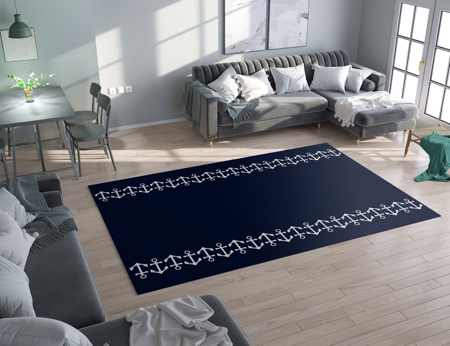 Anchor Rug Navy & White Rug nautical Rug boaters Floor Rug beach decor Rugs 3x5 4x6 5x8 Large beachy rugs blue rug tropical ocean decor