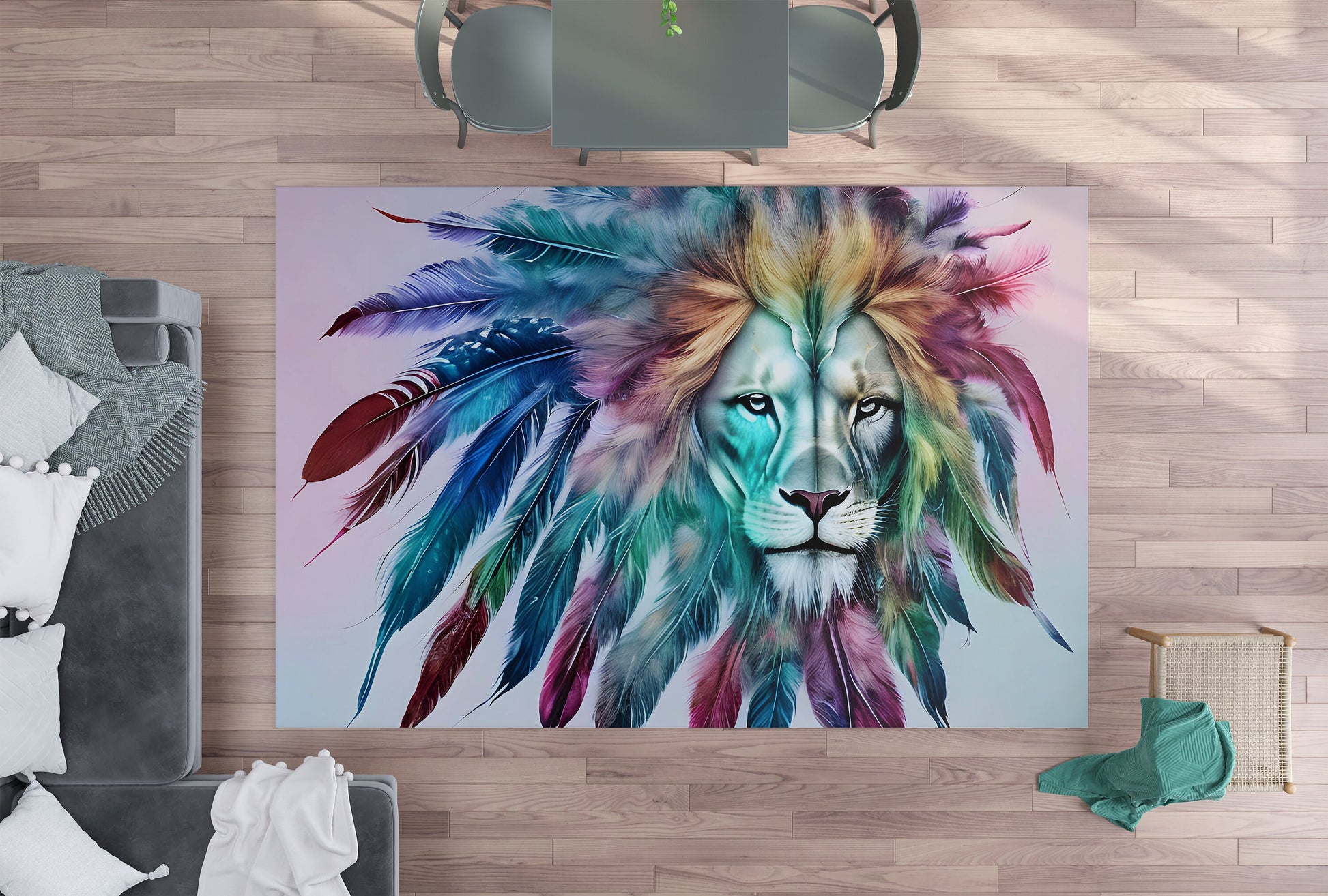 Lion with feathers Rug Lions Floor Mat Lion artwork blue rugs 2x3 4x6 5x7 8x10 large rugs