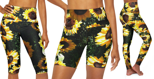 Sunflower yoga pants capri or shorts Floral yellow green leggings yoga leggins sunflower yoga pants flowers legging ankle capris