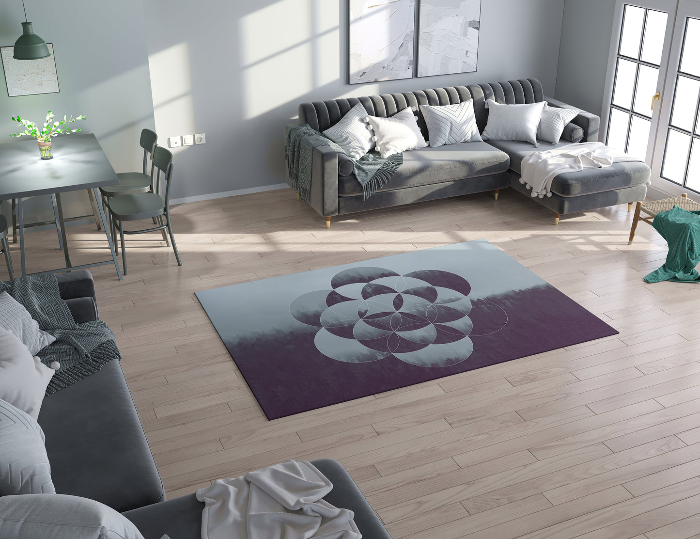 Sacred Geometry Rug Flower of life Rug Gray deep purple Rug Floor Rug 4x6 5x7 Large grey Round