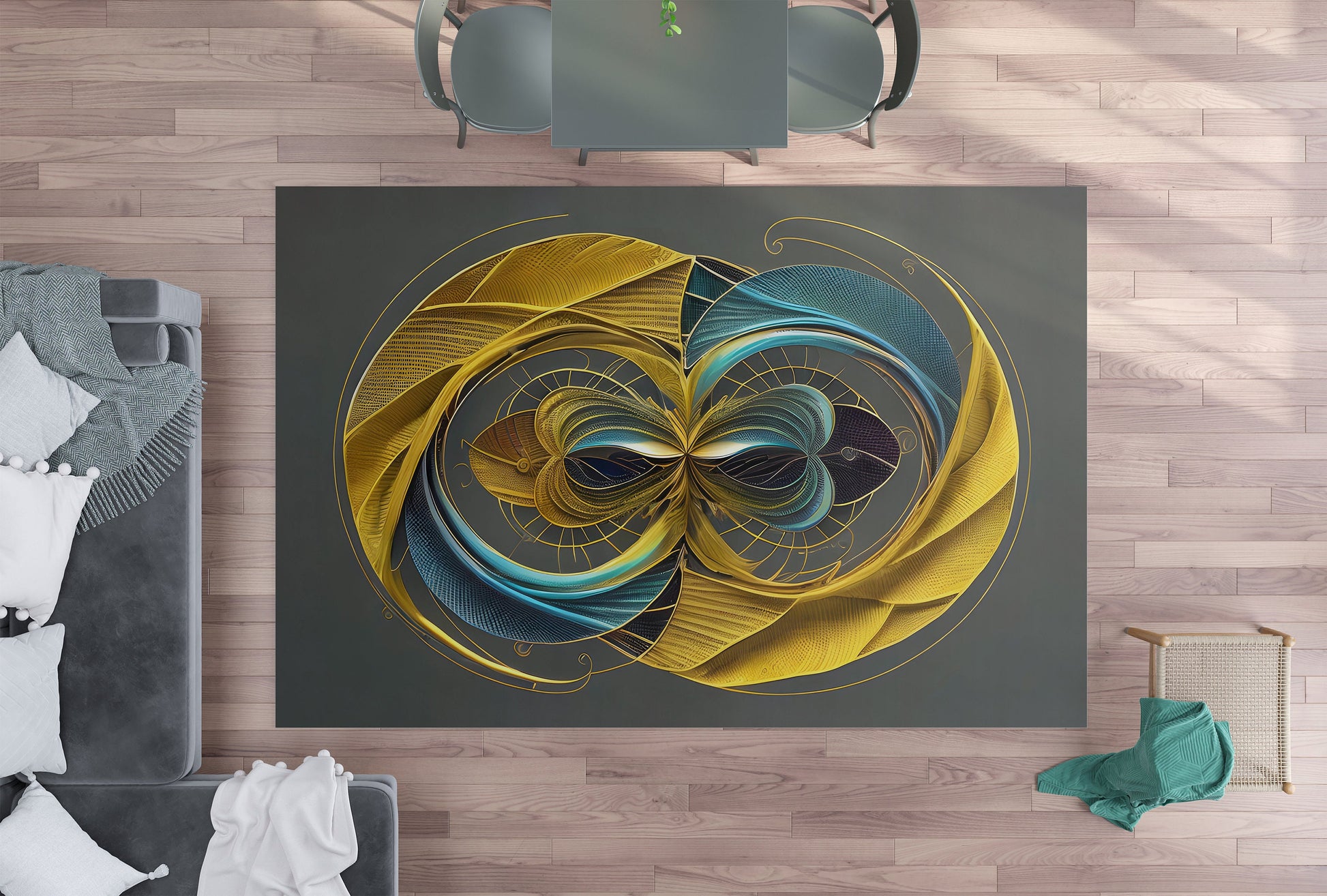 Abstract Blue Yellow Grey Rug yin yang infinity rug contemporary modern art rugs large rug