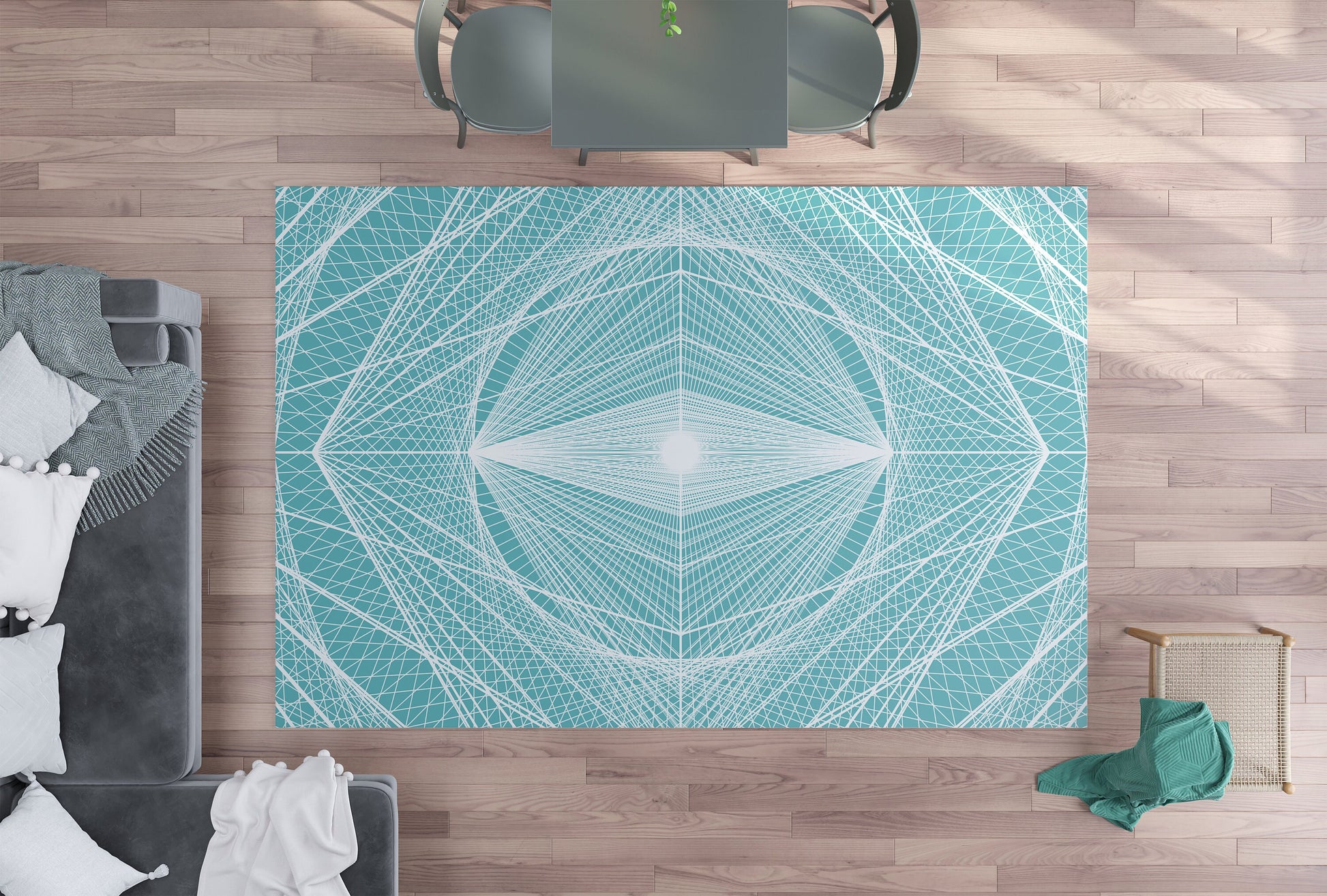 Blue & White Fractal Rug sacred geometry linear tachyon crystal grid white light pyramid