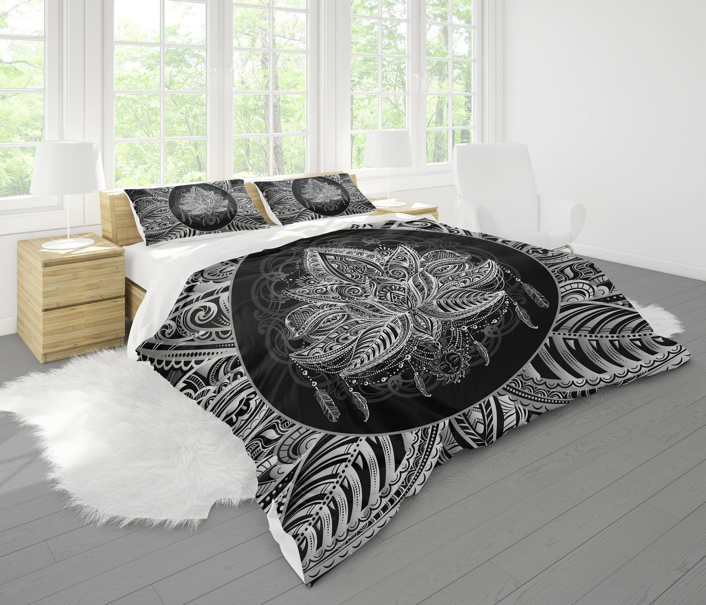 Black & White Lotus Comforter or Duvet Cover sacred geometry bedding boho bedding comforter feathers comforter spiritual bedding