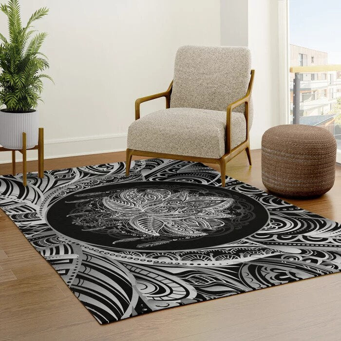 Lotus Rug black & White Rug spiritual Rug gray Floor Rug 3x5 4x6 5x7 8x10 9x12 Large rugs round trippy lotus flower rugs sacred geometry