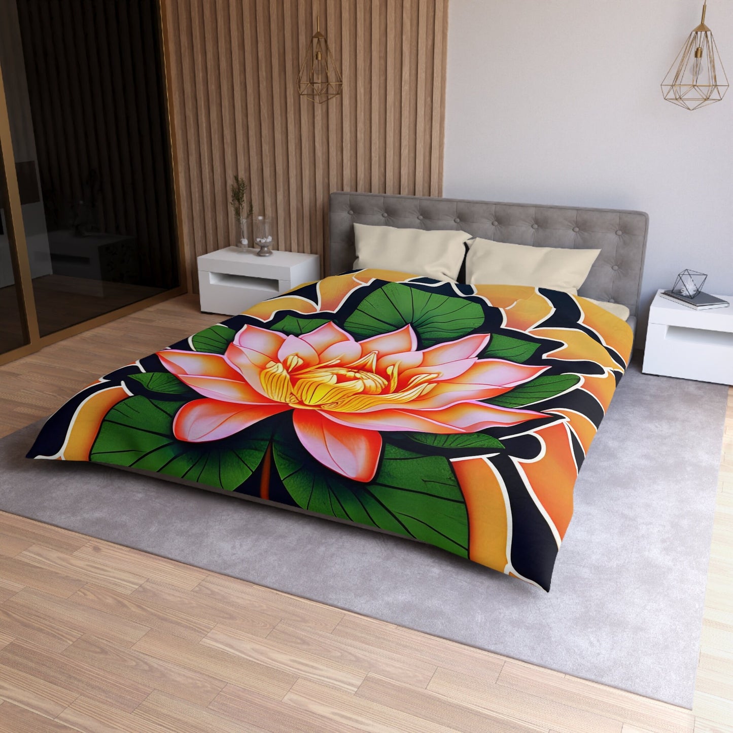 Lotus Flower Comforter or Duvet Cover yellow navy green bedding floral comforter japanese art duvet covers
