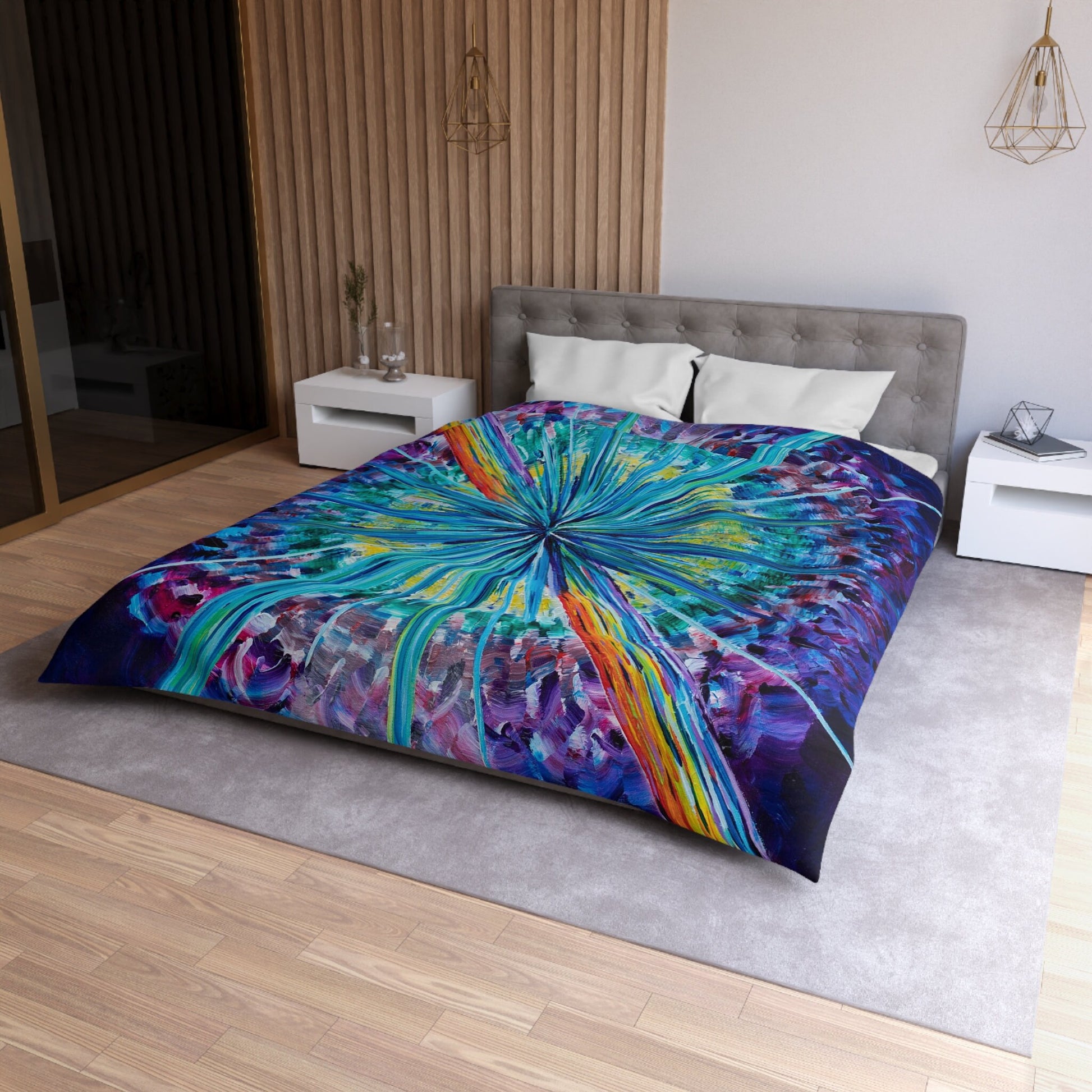 Starburst Comforter or Duvet Cover colorful purple bedding abstract art bedding rainbow comforter sunburst comforter