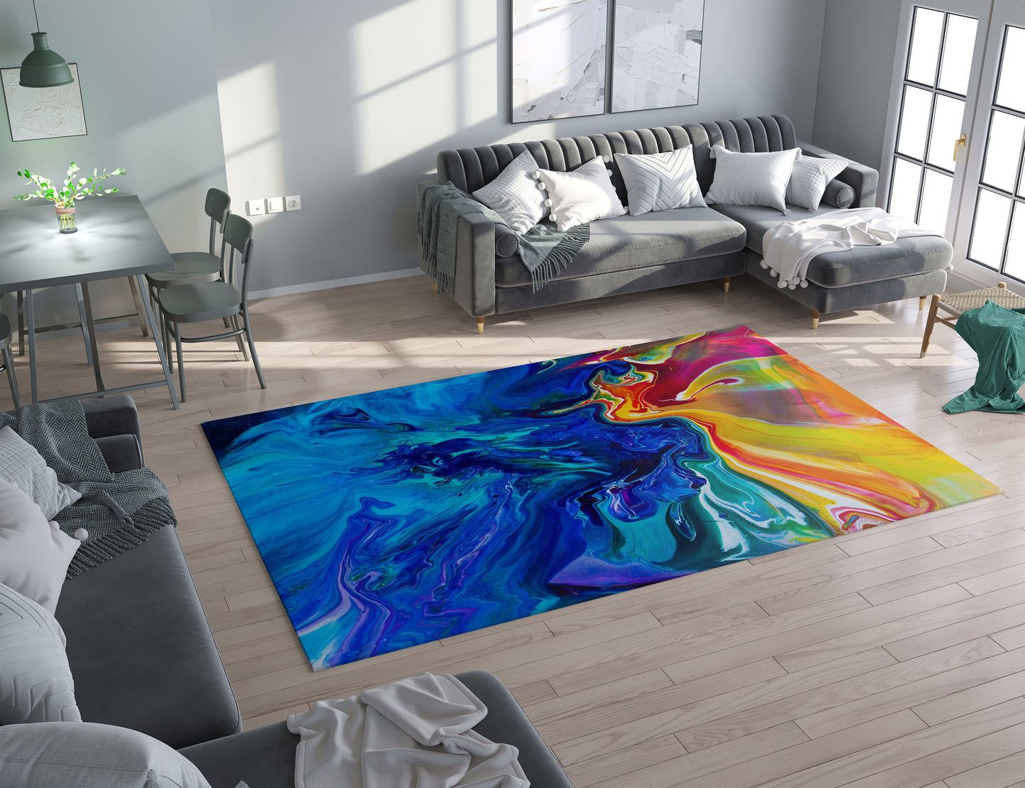 Abstract Art Rug Blue yellow Rugs water ocean decor unique Rugs 2x3 3x5 4x6 5x7 8x10 Large rug colorful bright floormat